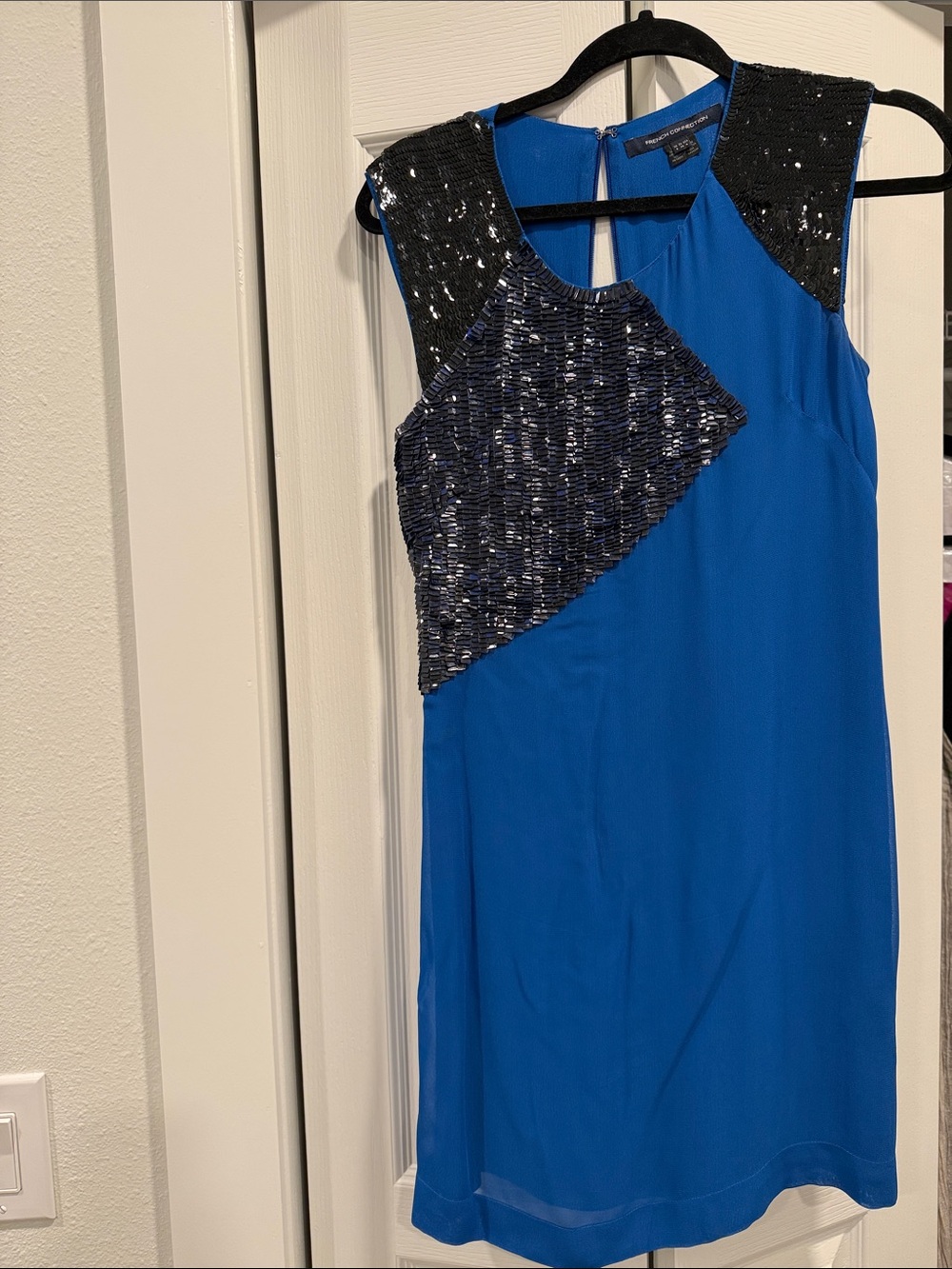 French Connection Royal Blue Mini Dress with Black Sequin Panels